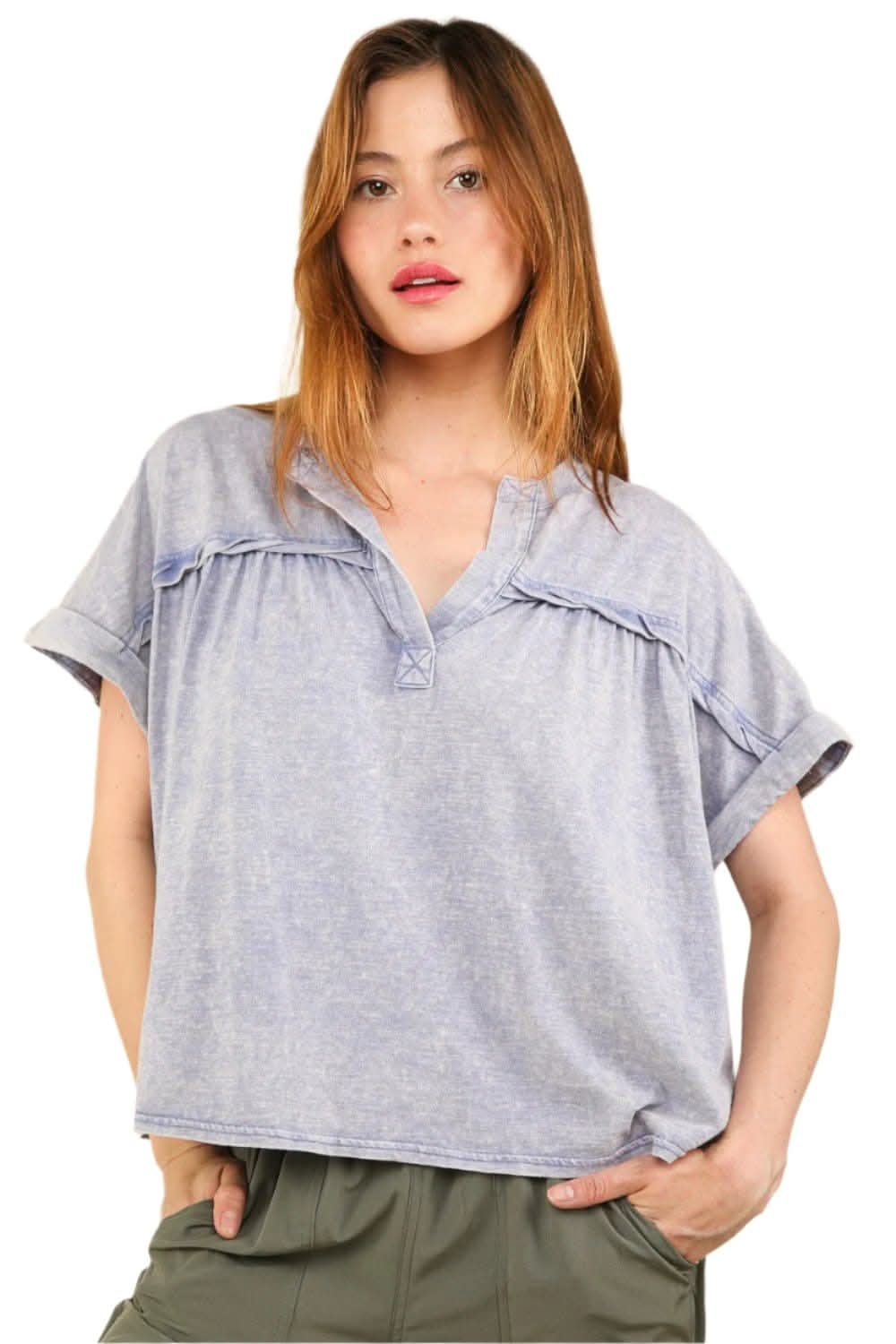 Chic and casual notched short sleeve washed tee - Love Salve 