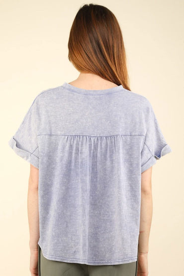 Chic and casual notched short sleeve washed tee - Love Salve 