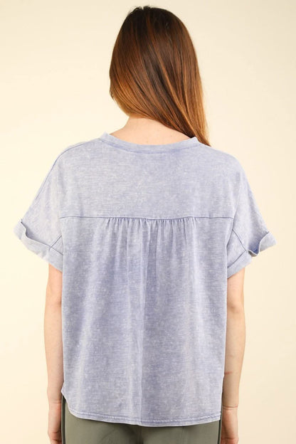 Chic and casual notched short sleeve washed tee - Love Salve 