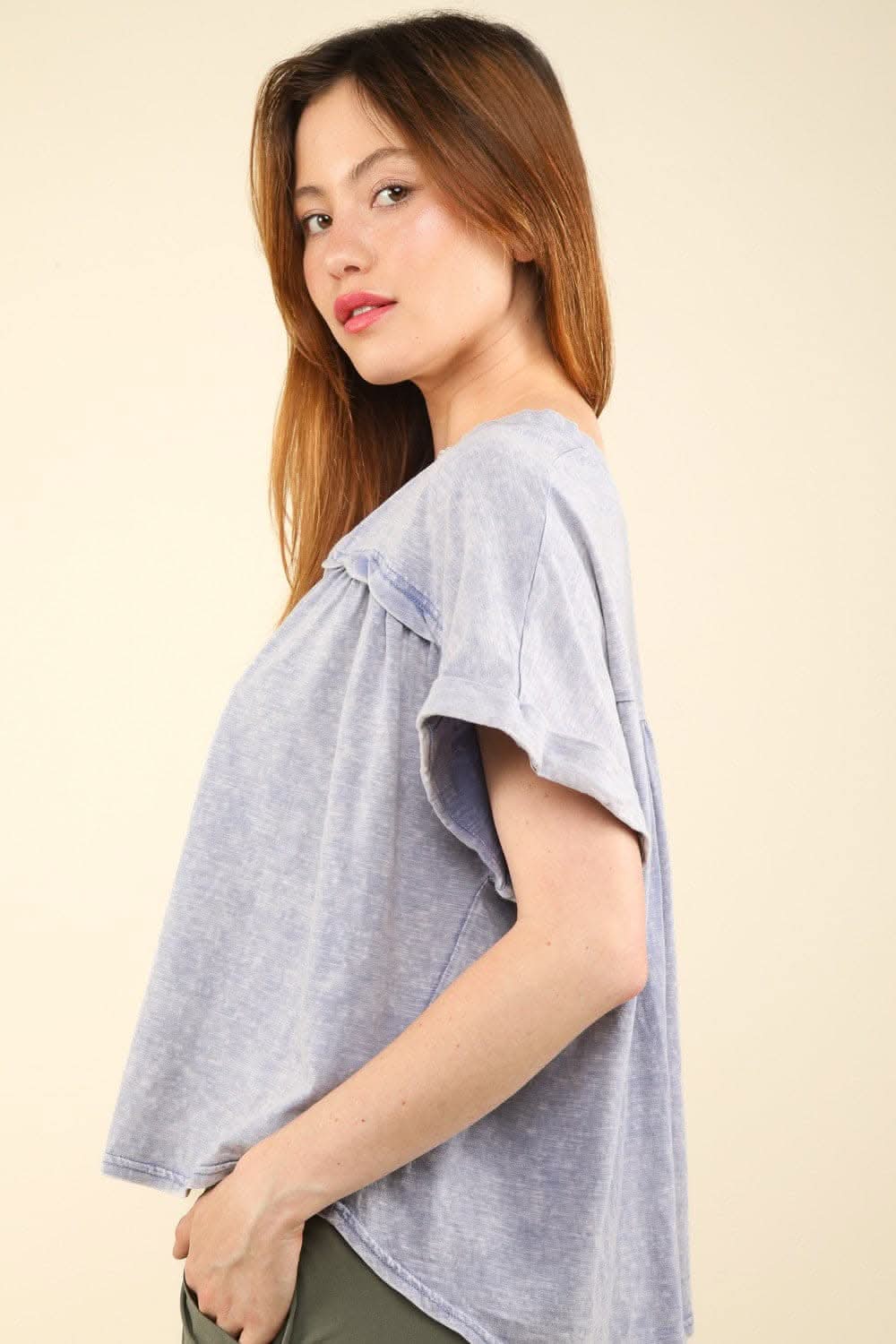 Chic and casual notched short sleeve washed tee - Love Salve 