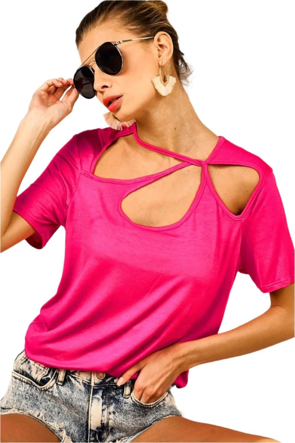 Chic asymmetrical cutout short sleeve t-shirt - Love Salve 