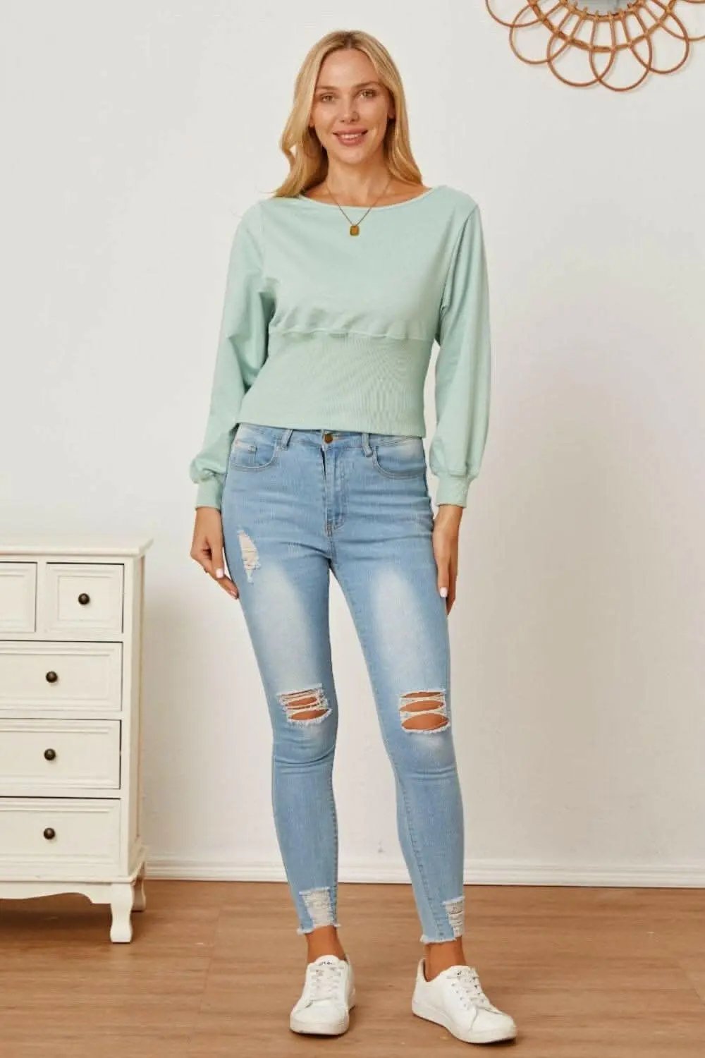 Chic boat neck blouse with elegant sleeves - Love Salve 