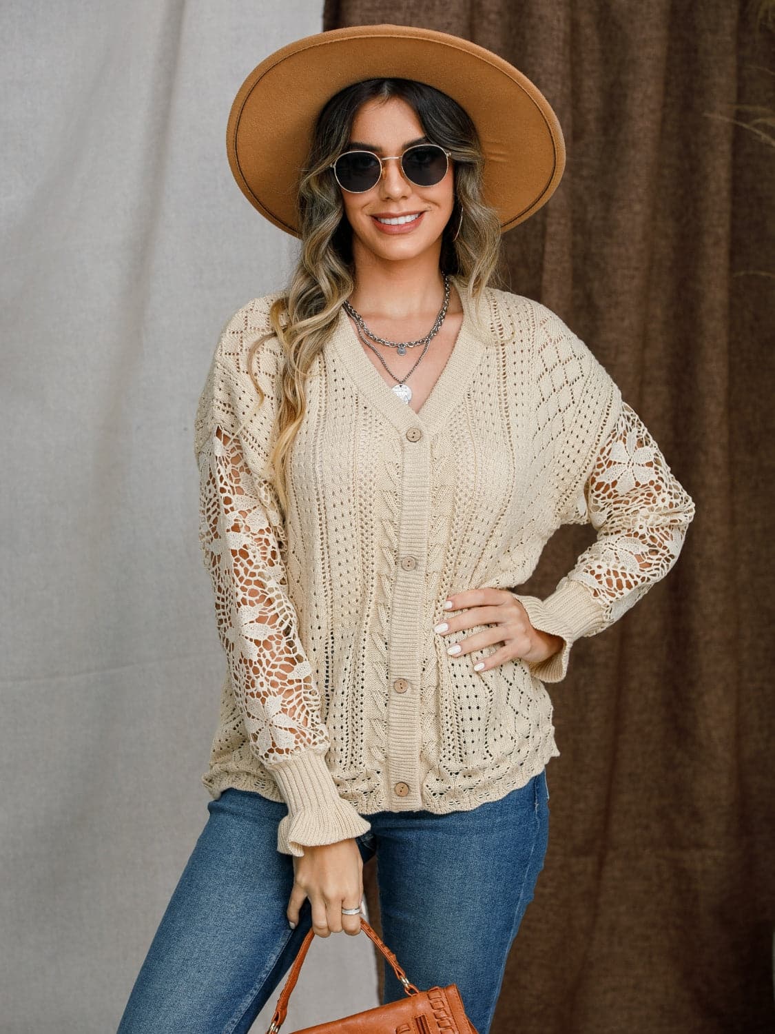 Chic button-up cardigan with eyelet detail 