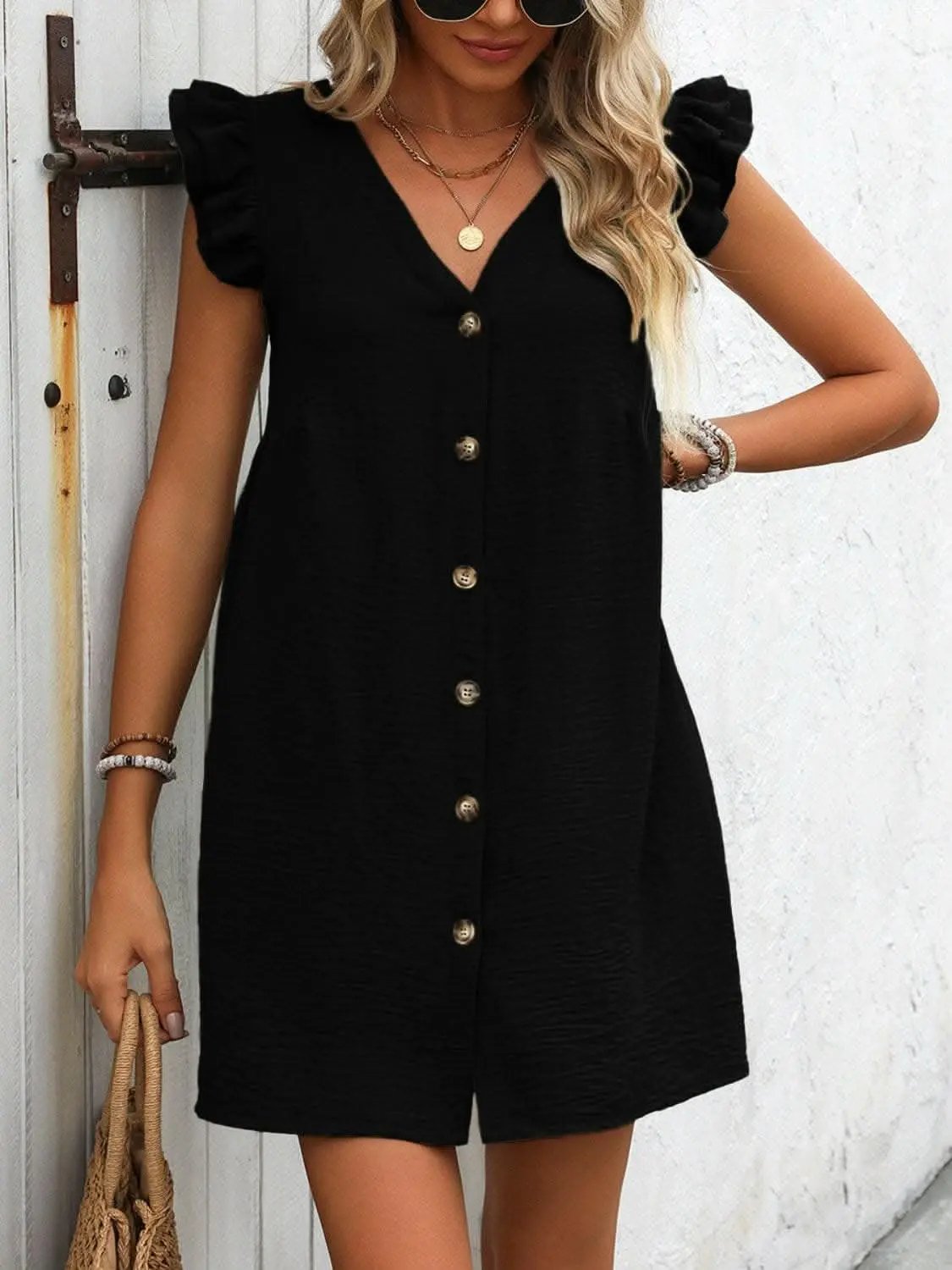 Chic button-up v-neck mini dress - Love Salve 