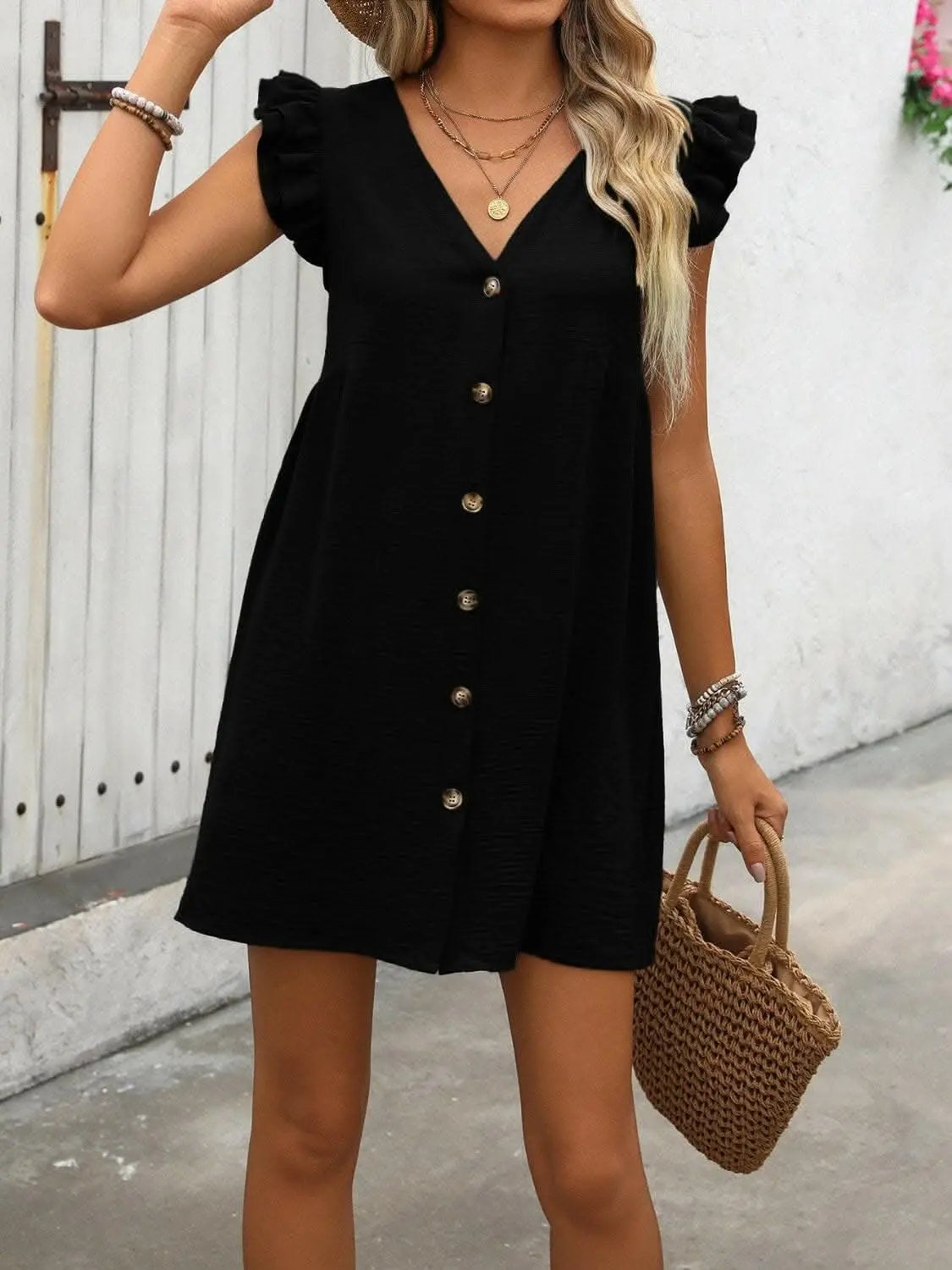 Chic button-up v-neck mini dress - Love Salve 