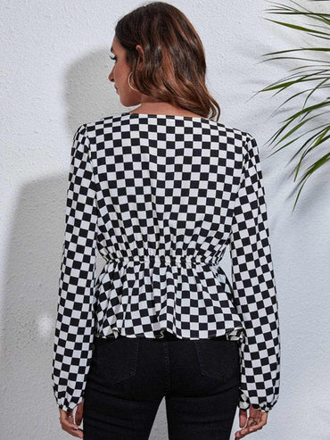 Chic checkered v-neck peplum blouse - Love Salve 