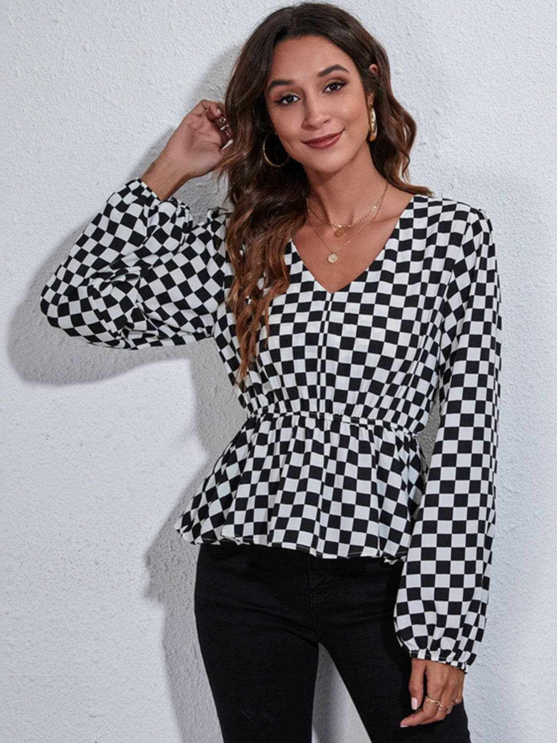 Chic checkered v-neck peplum blouse - Love Salve 