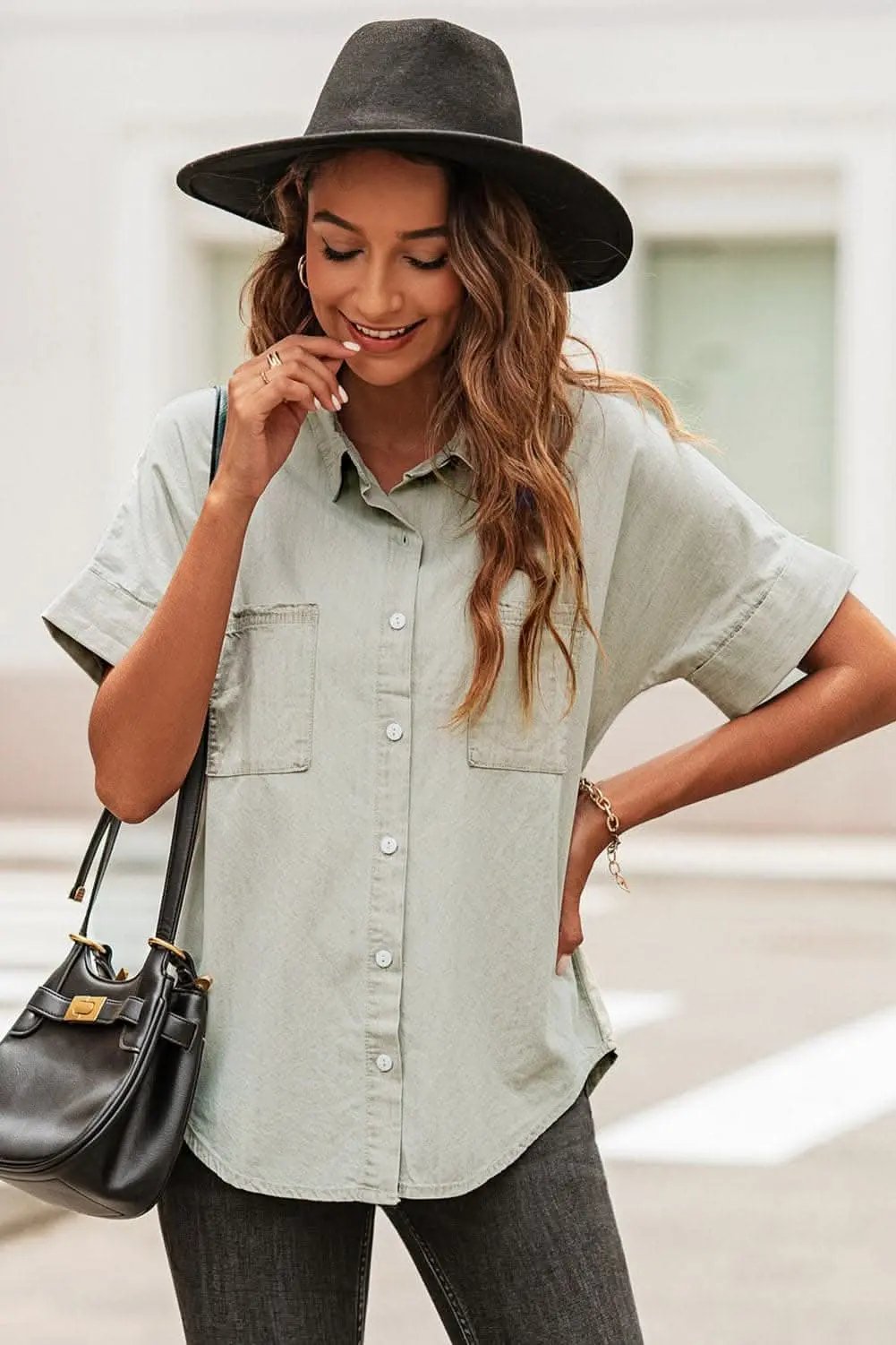 Chic collared short sleeve shirt - Love Salve 
