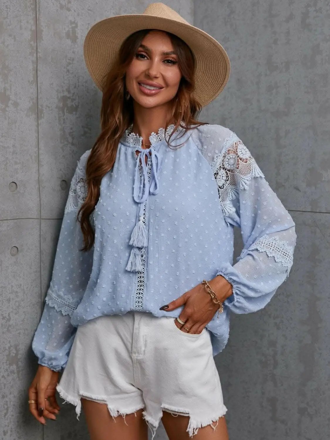 Chic crochet tie neck blouse - Love Salve 