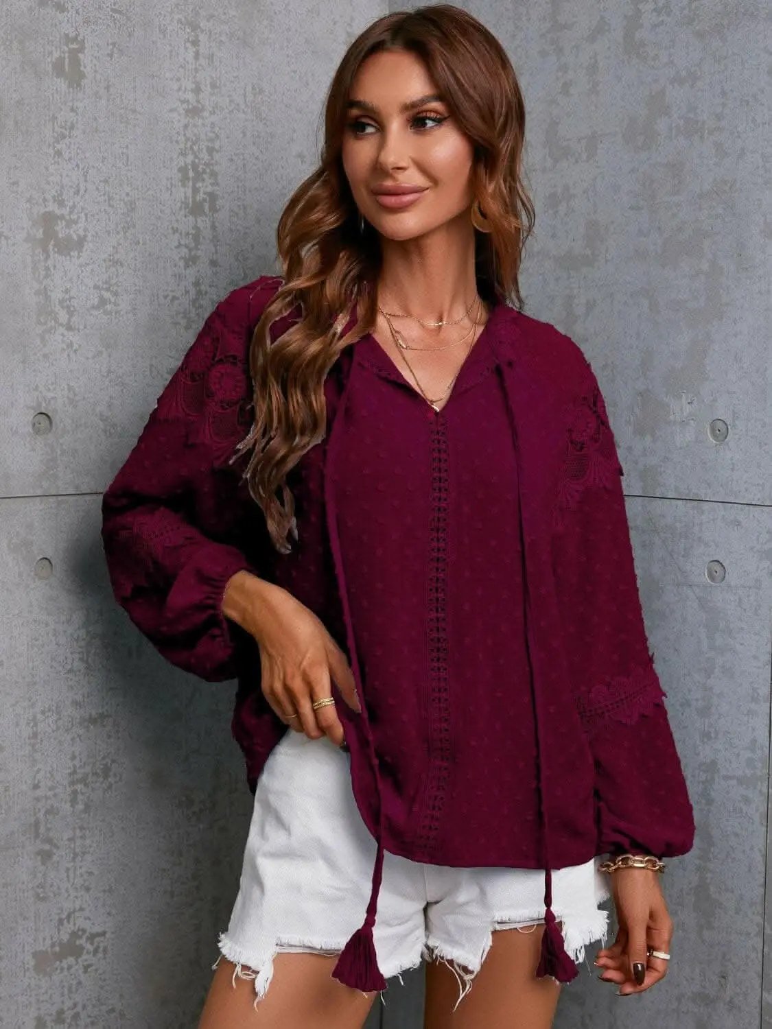 Chic crochet tie neck blouse - Love Salve 