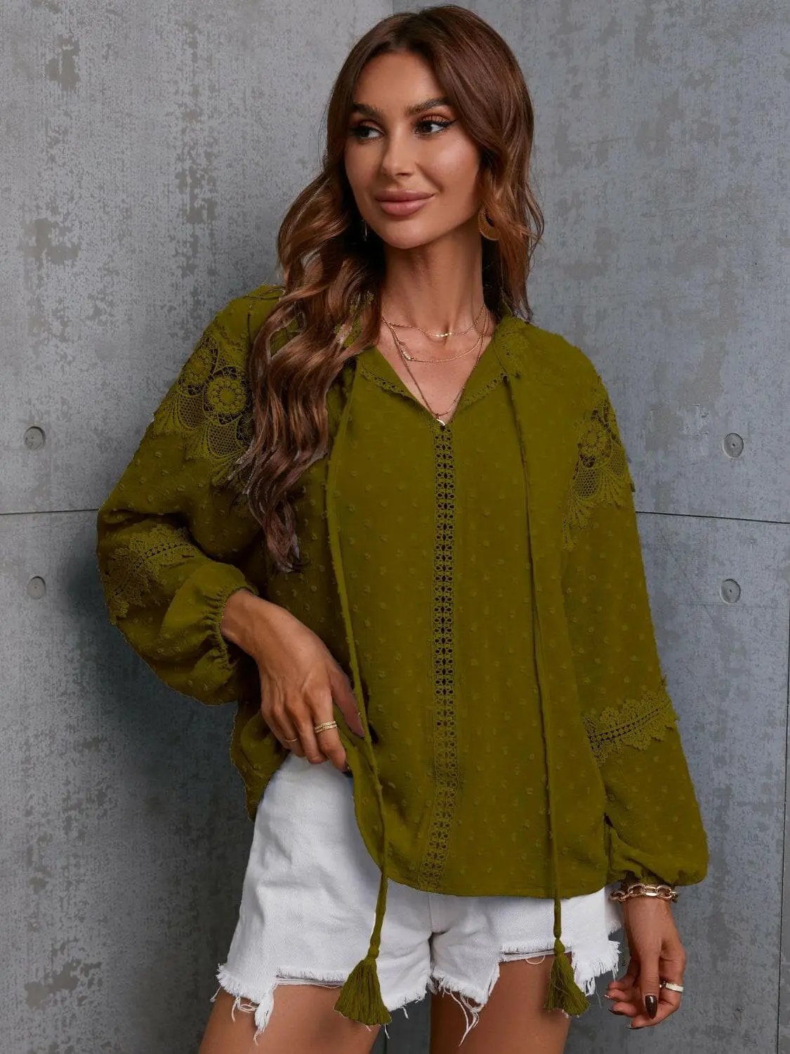 Chic crochet tie neck blouse - Love Salve 