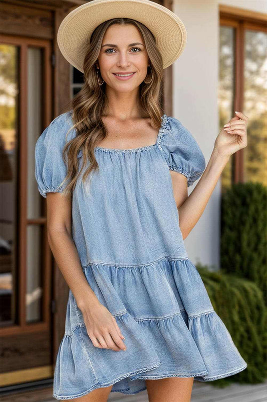 Chic denim dress with puff sleeves - Love Salve 
