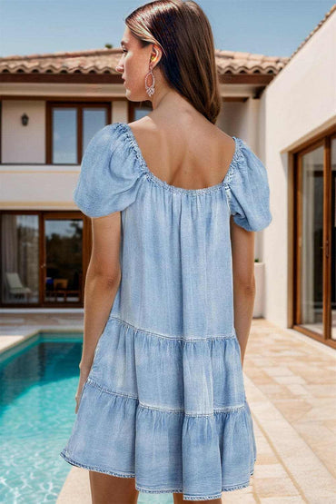 Chic denim dress with puff sleeves - Love Salve 