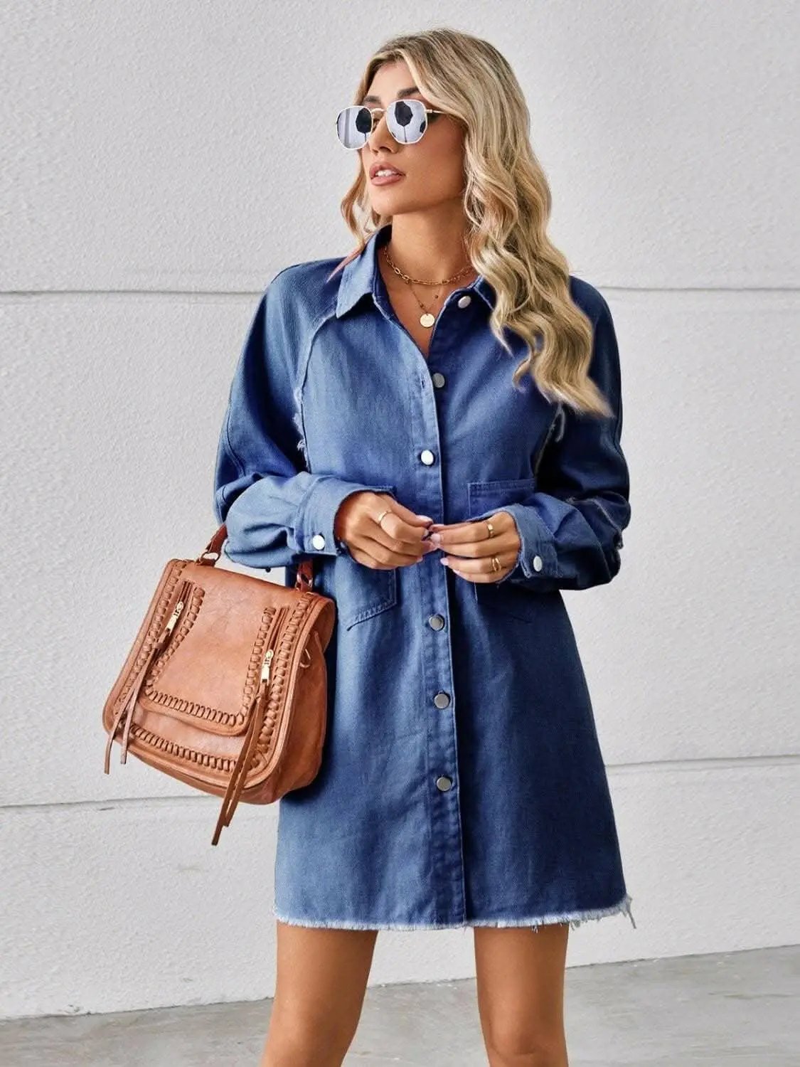 Chic denim shirt dress with pockets - Love Salve 