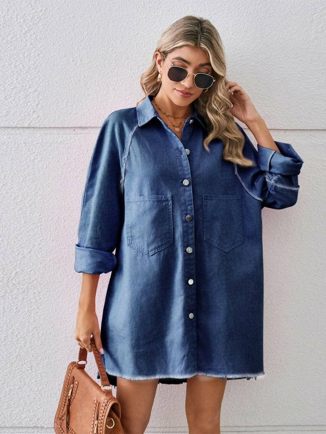Chic denim shirt dress with pockets - Love Salve 