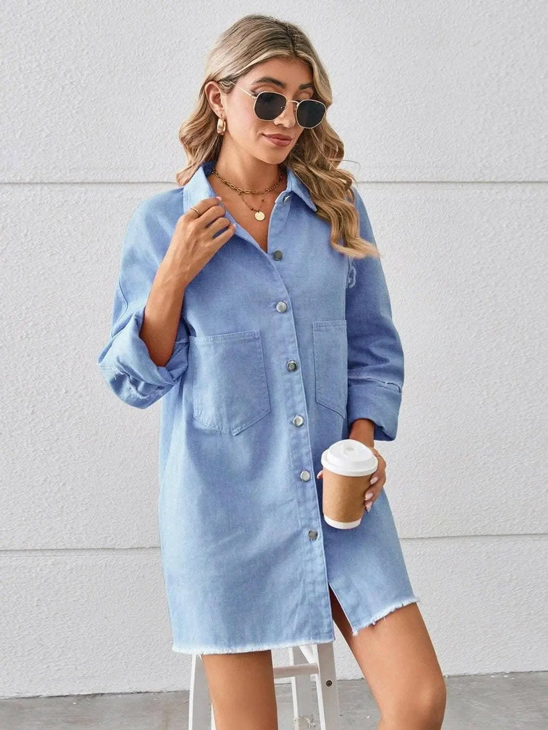 Chic denim shirt dress with pockets - Love Salve 