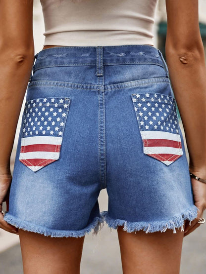 Chic denim shorts with flag accents 