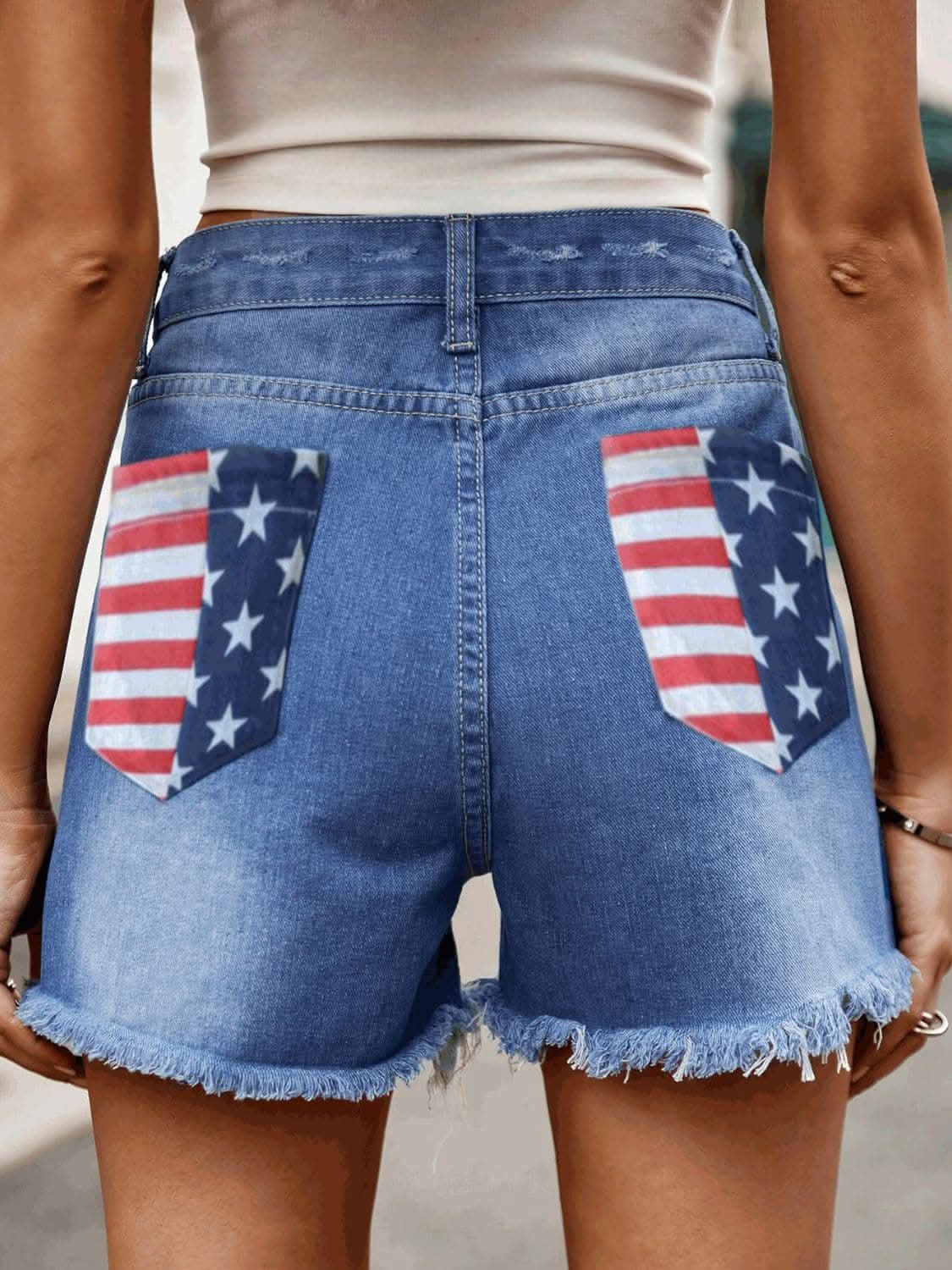 Chic denim shorts with flag accents 