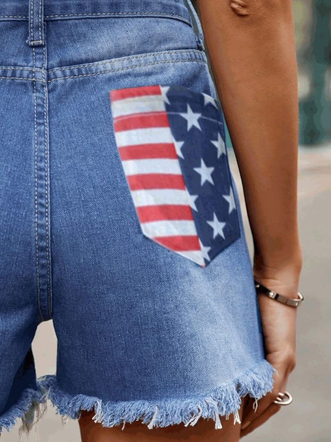 Chic denim shorts with flag accents 
