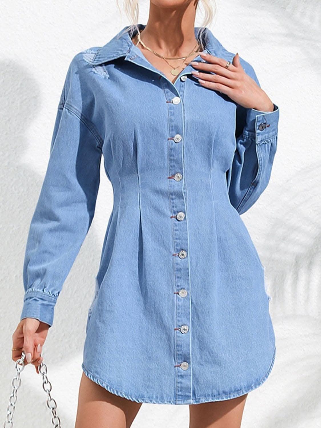 Chic distressed denim dress for women 