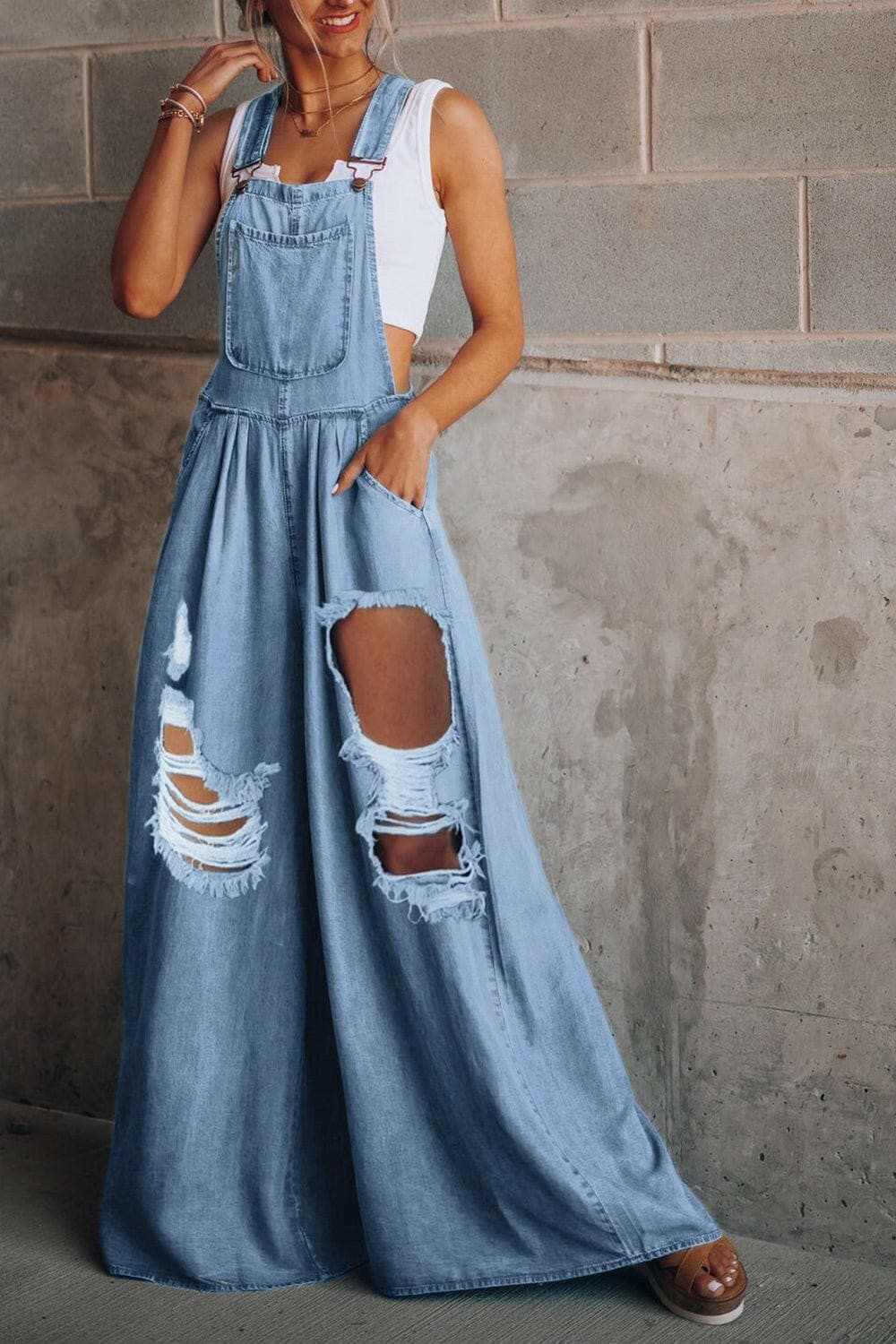 Chic distressed wide leg jumpsuit - Love Salve 
