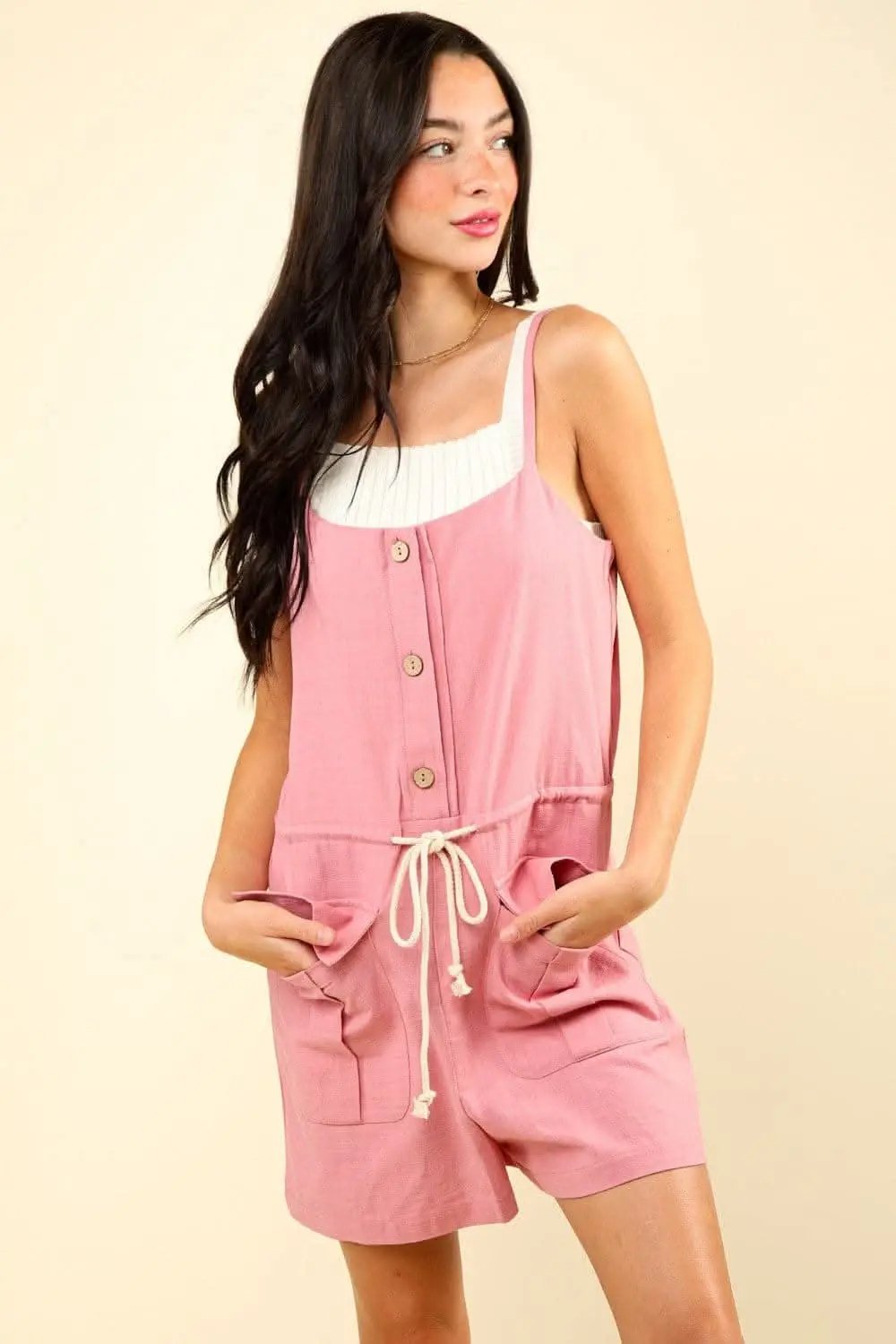 Chic drawstring sleeveless romper with half-button detail - Love Salve 