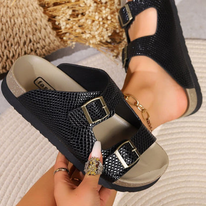 Chic flat buckle sandals in pu leather 