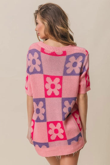 Chic floral checker short sleeve sweater 