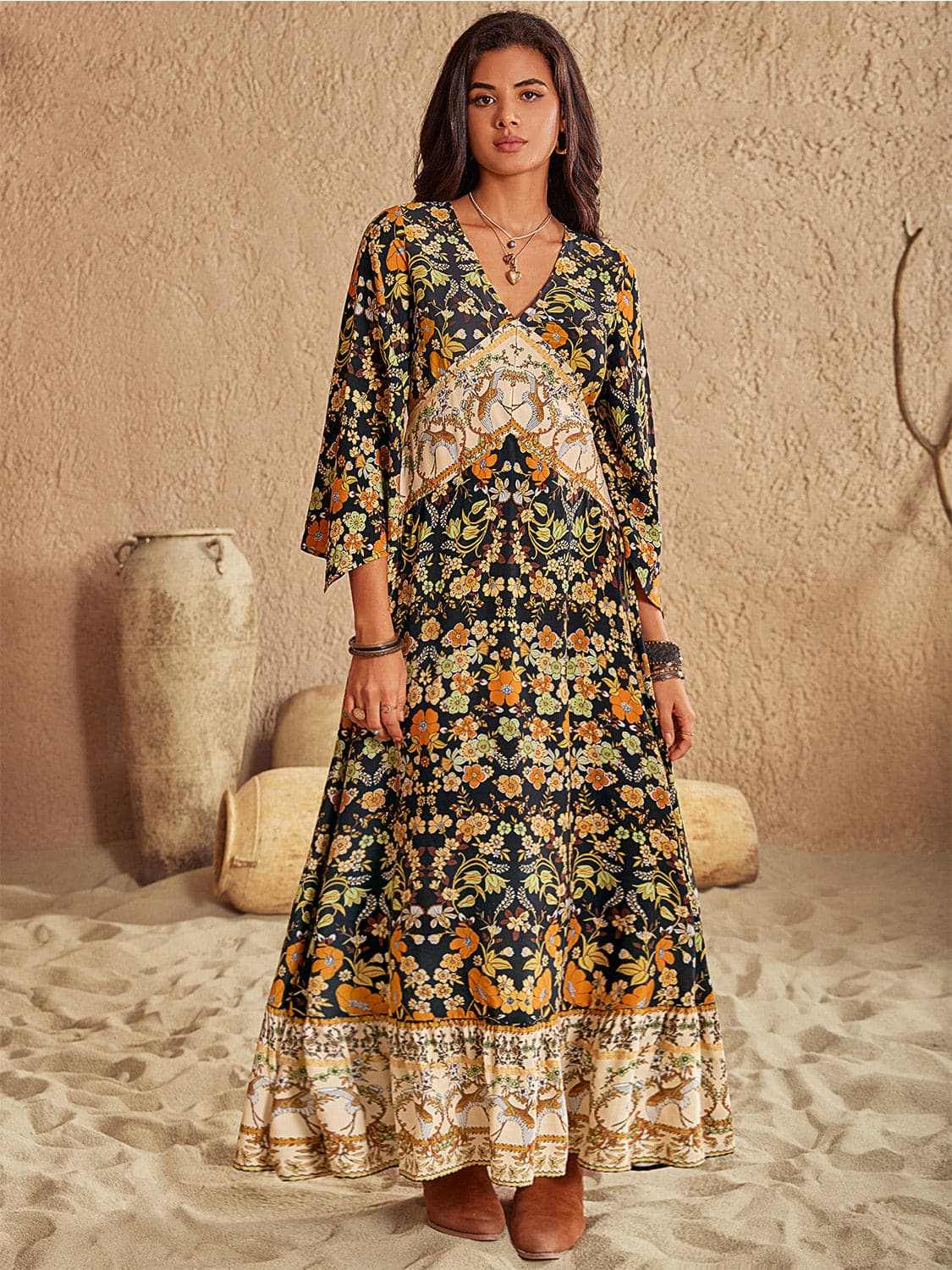 Chic floral v-neck midi dress - Love Salve 