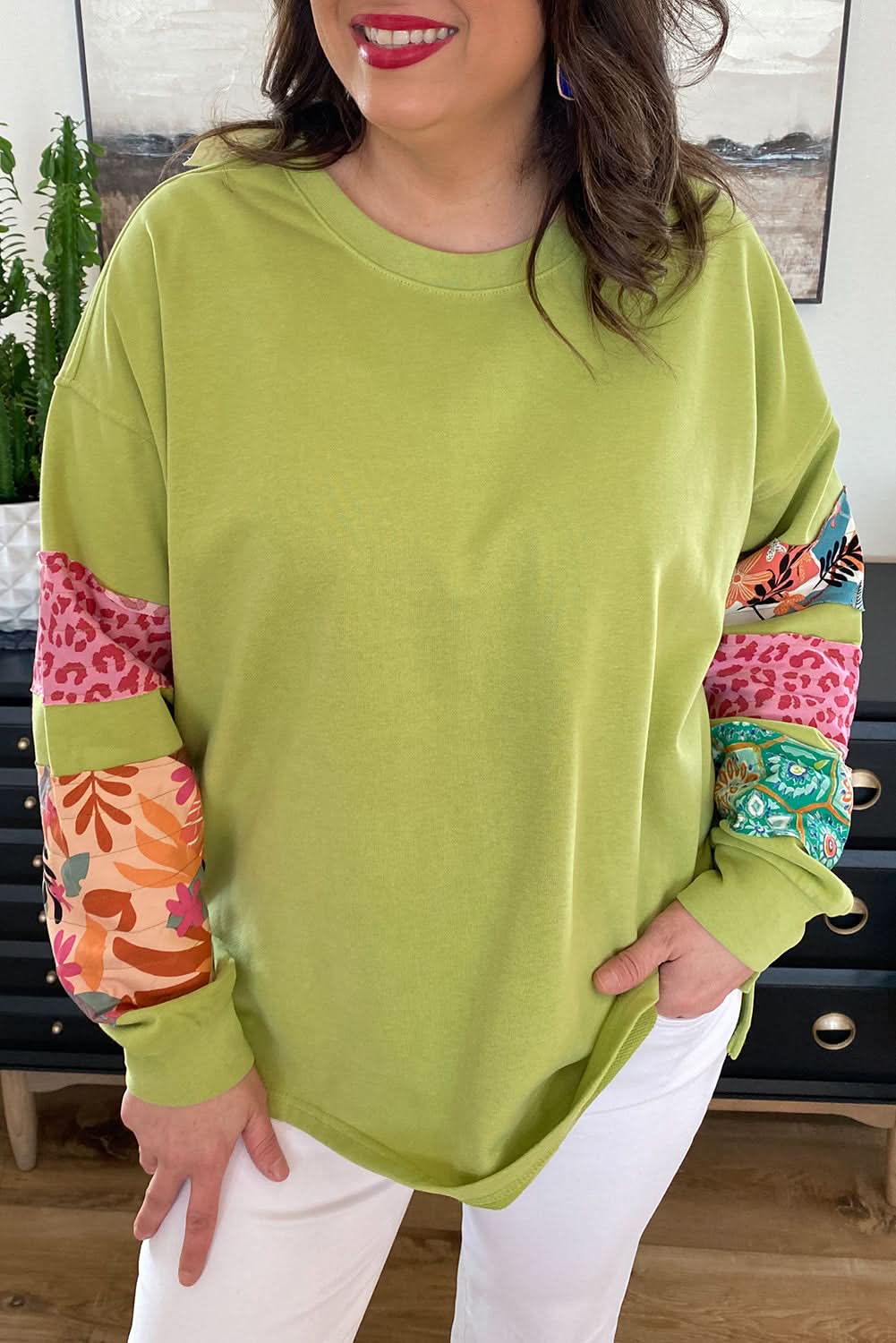 Chic green plus size split sweatshirt 