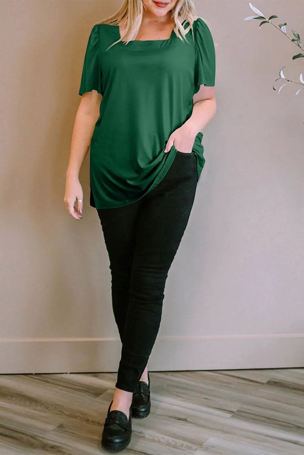 Chic green plus size square neck top - Love Salve 