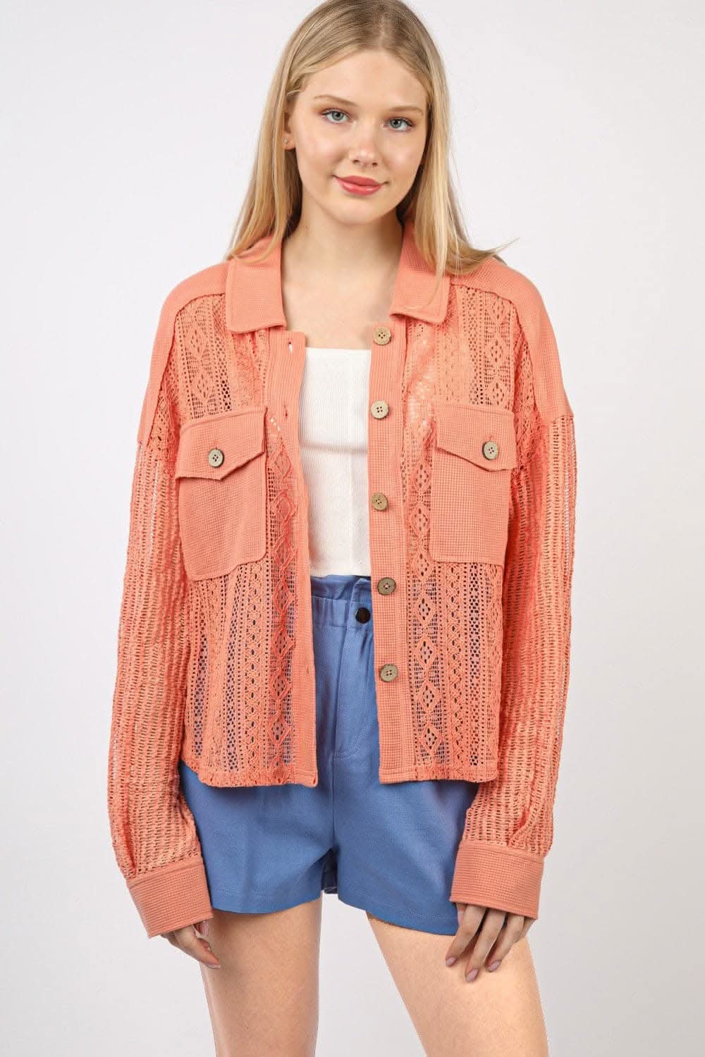 Chic lace button-up long sleeve shirt by VERY J - Love Salve 