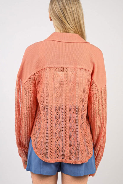 Chic lace button-up long sleeve shirt by VERY J - Love Salve 