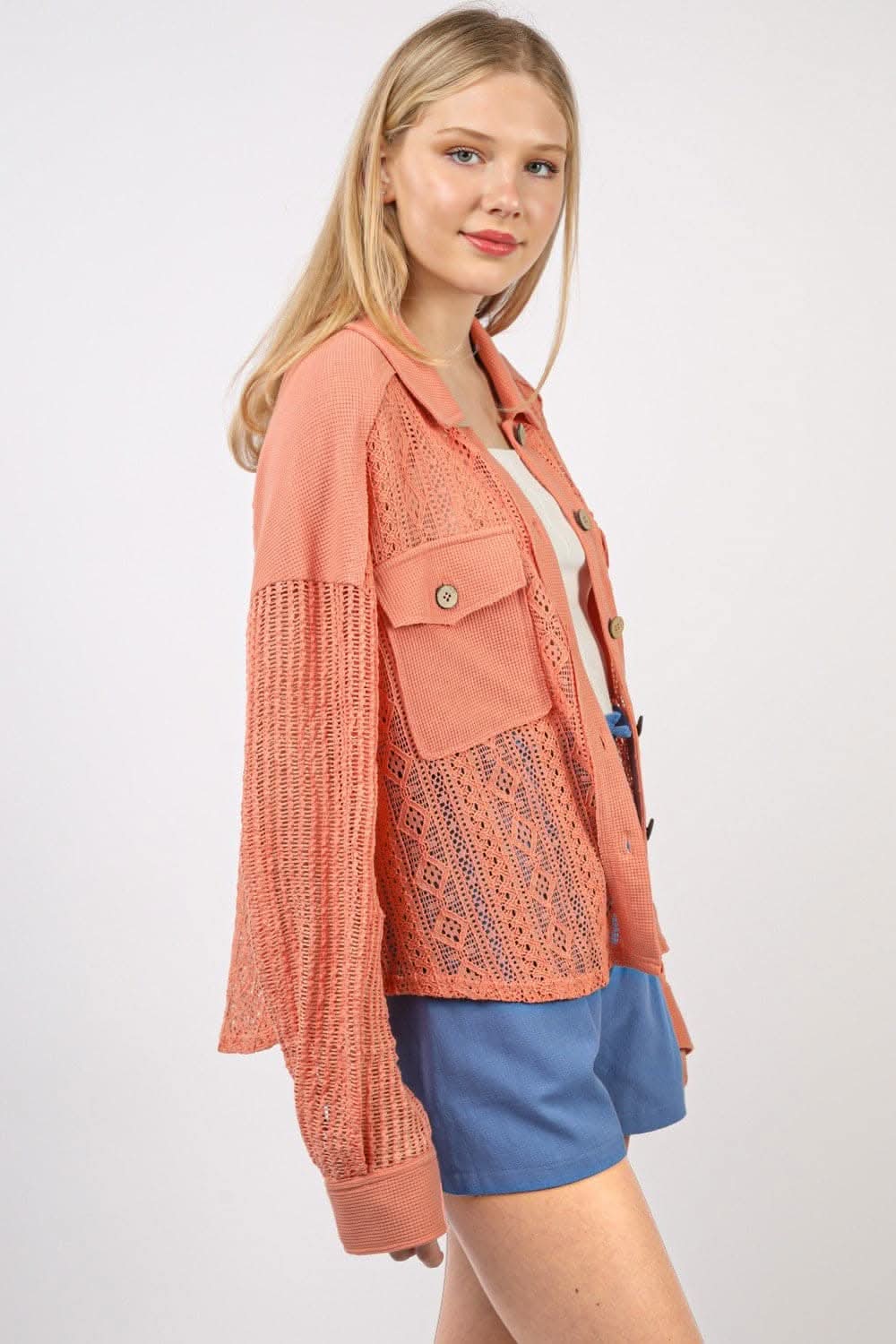 Chic lace button-up long sleeve shirt by VERY J - Love Salve 