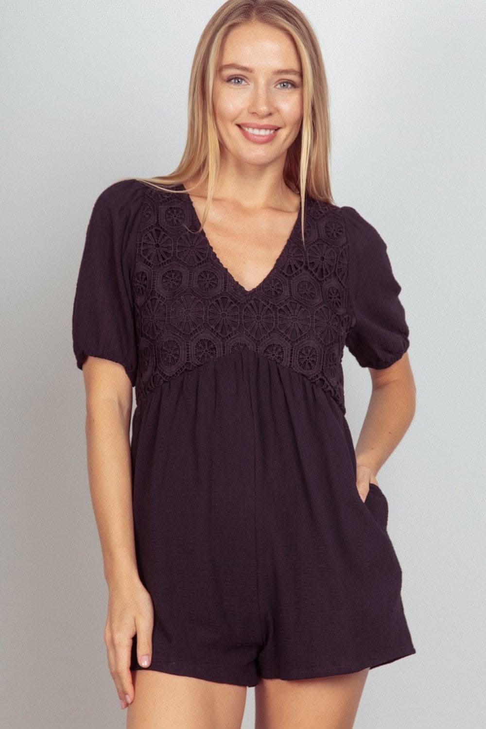 Chic lace puff sleeve romper with pockets - Love Salve 
