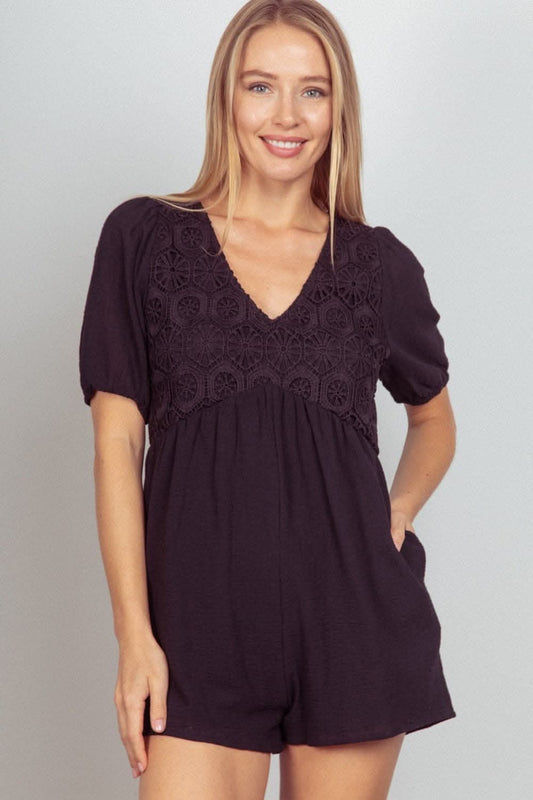 Chic lace puff sleeve romper with pockets - Love Salve 