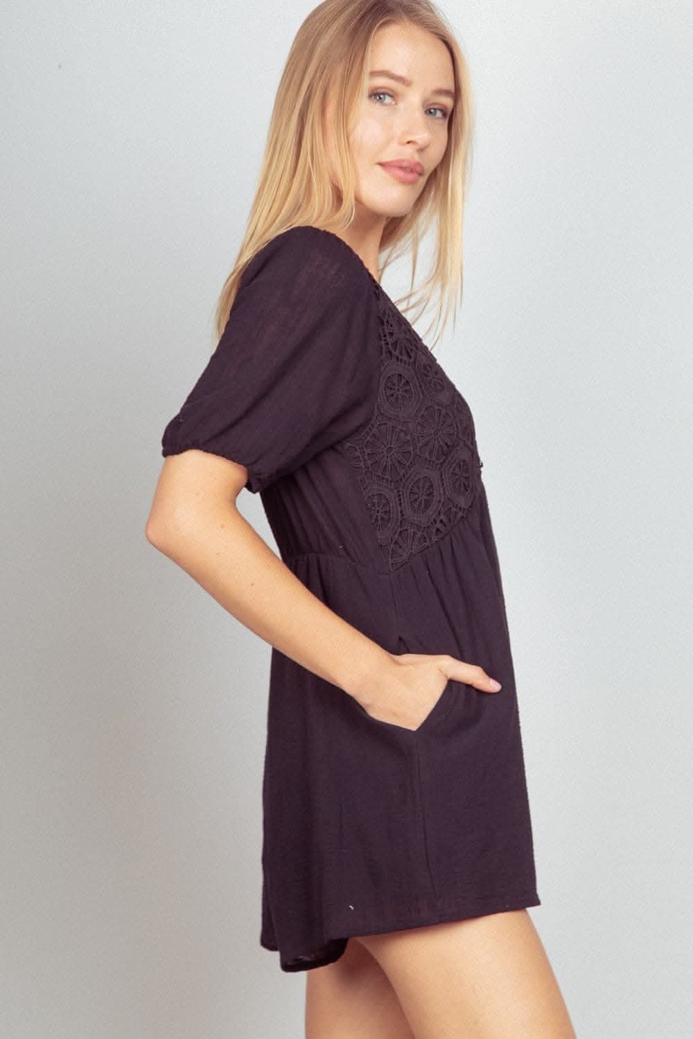 Chic lace puff sleeve romper with pockets - Love Salve 