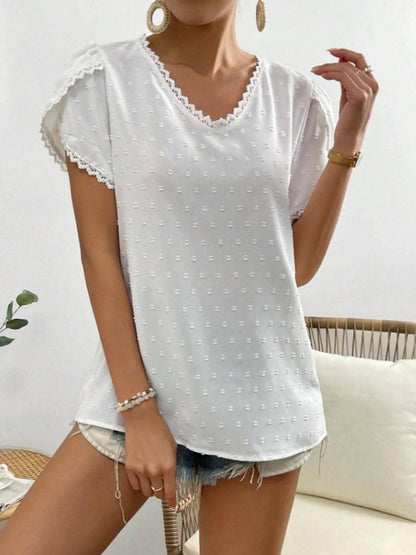 Chic lace v-neck blouse with dots 