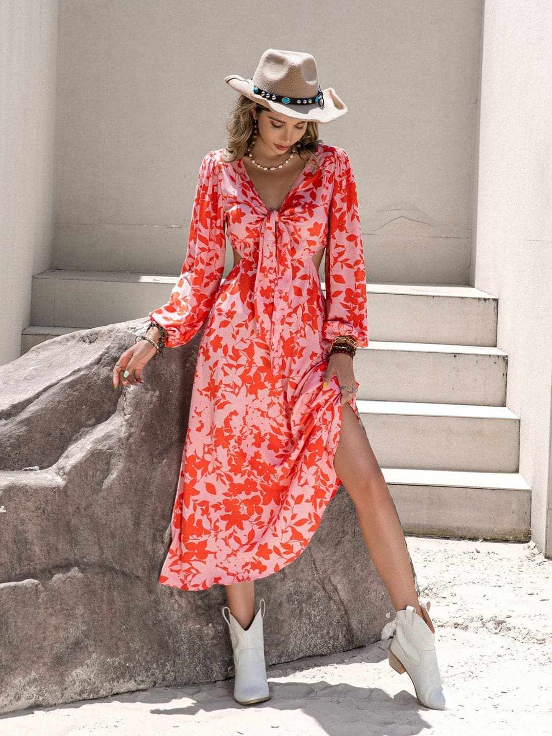 Chic midi dress with tied cutout - Love Salve 