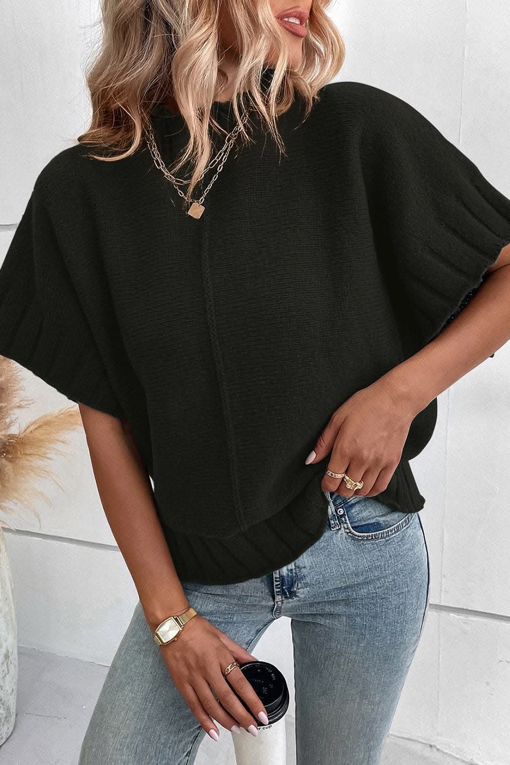 Chic mock neck short sleeve sweater 