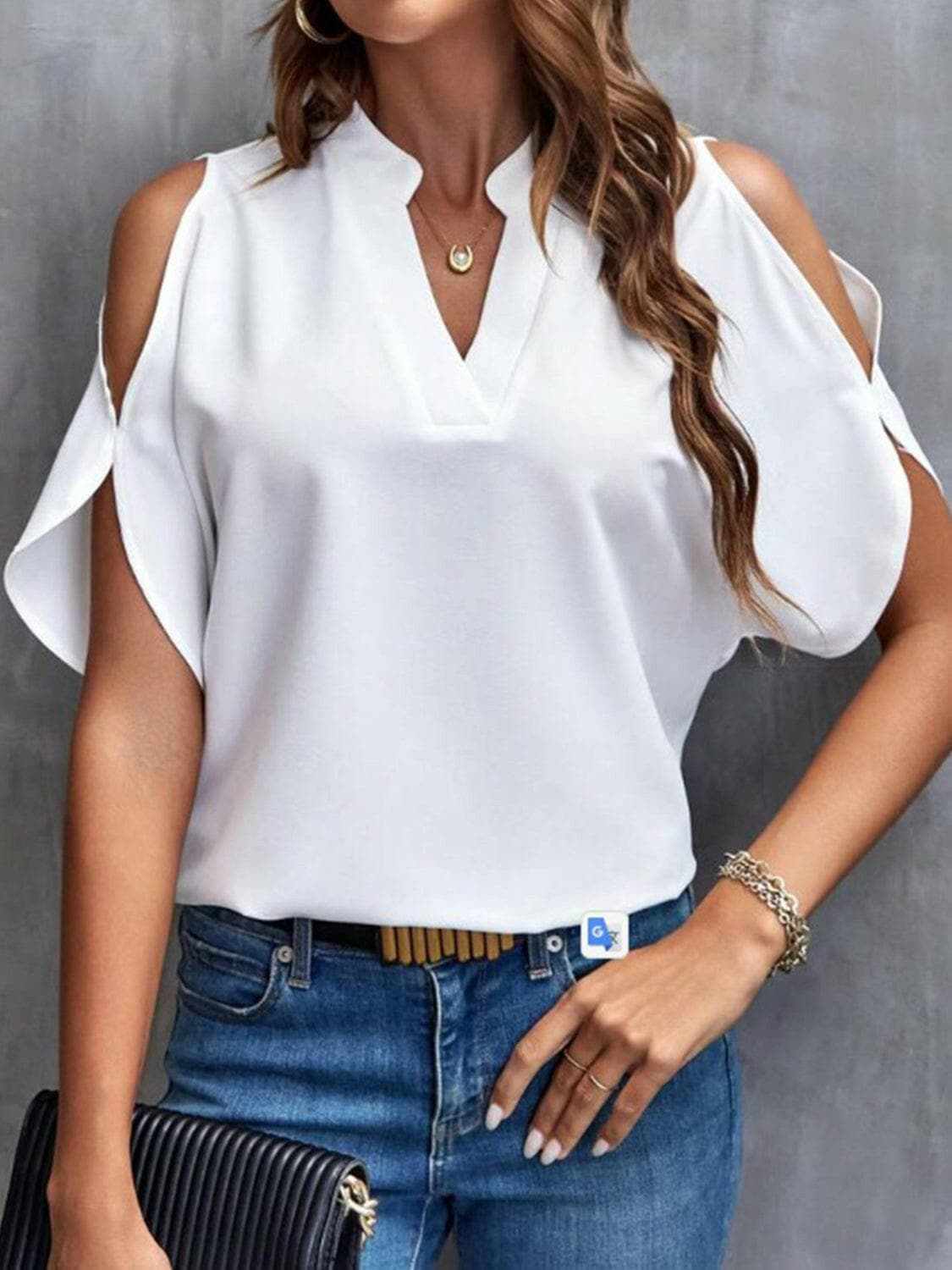 Chic notched cold shoulder blouse - Love Salve 