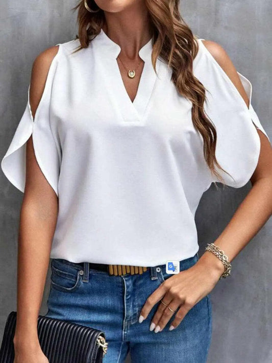 Chic notched cold shoulder blouse - Love Salve 