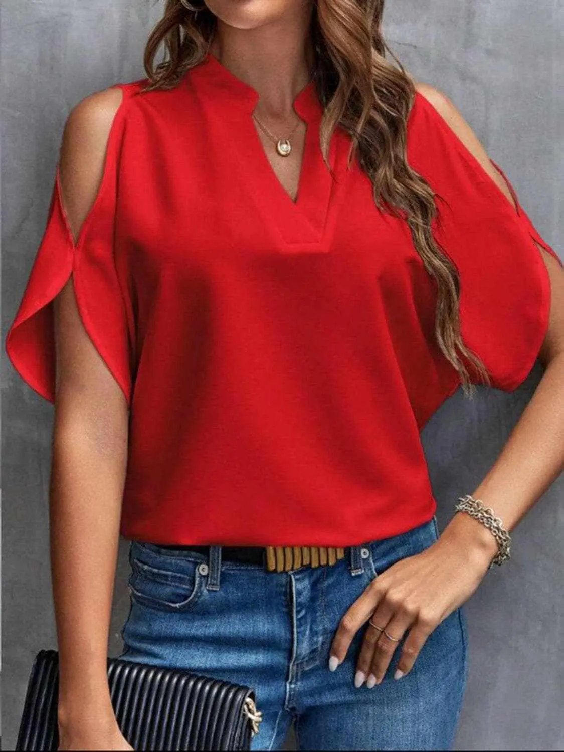 Chic notched cold shoulder blouse - Love Salve 