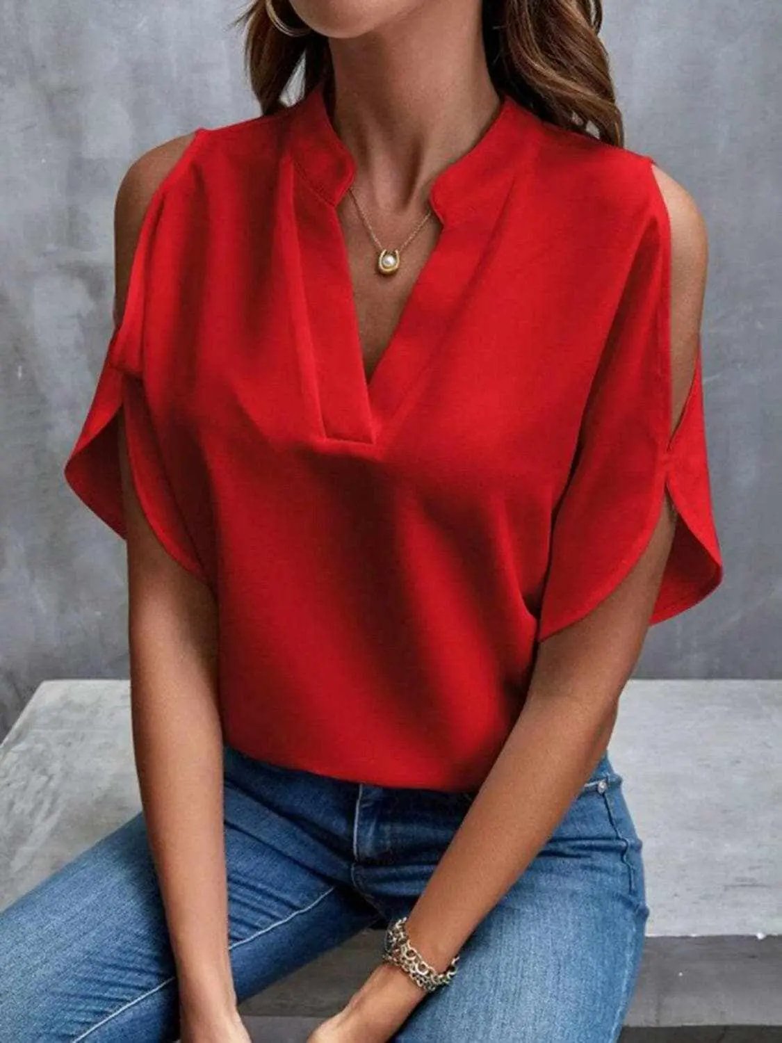 Chic notched cold shoulder blouse - Love Salve 