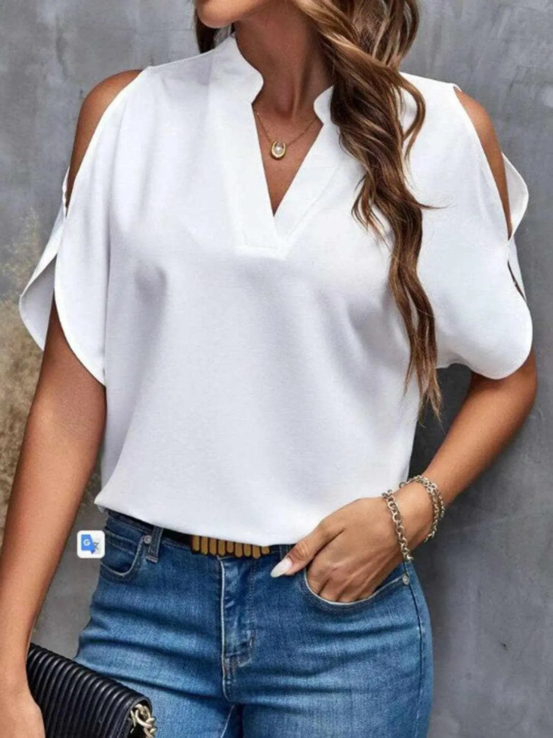 Chic notched cold shoulder blouse - Love Salve 