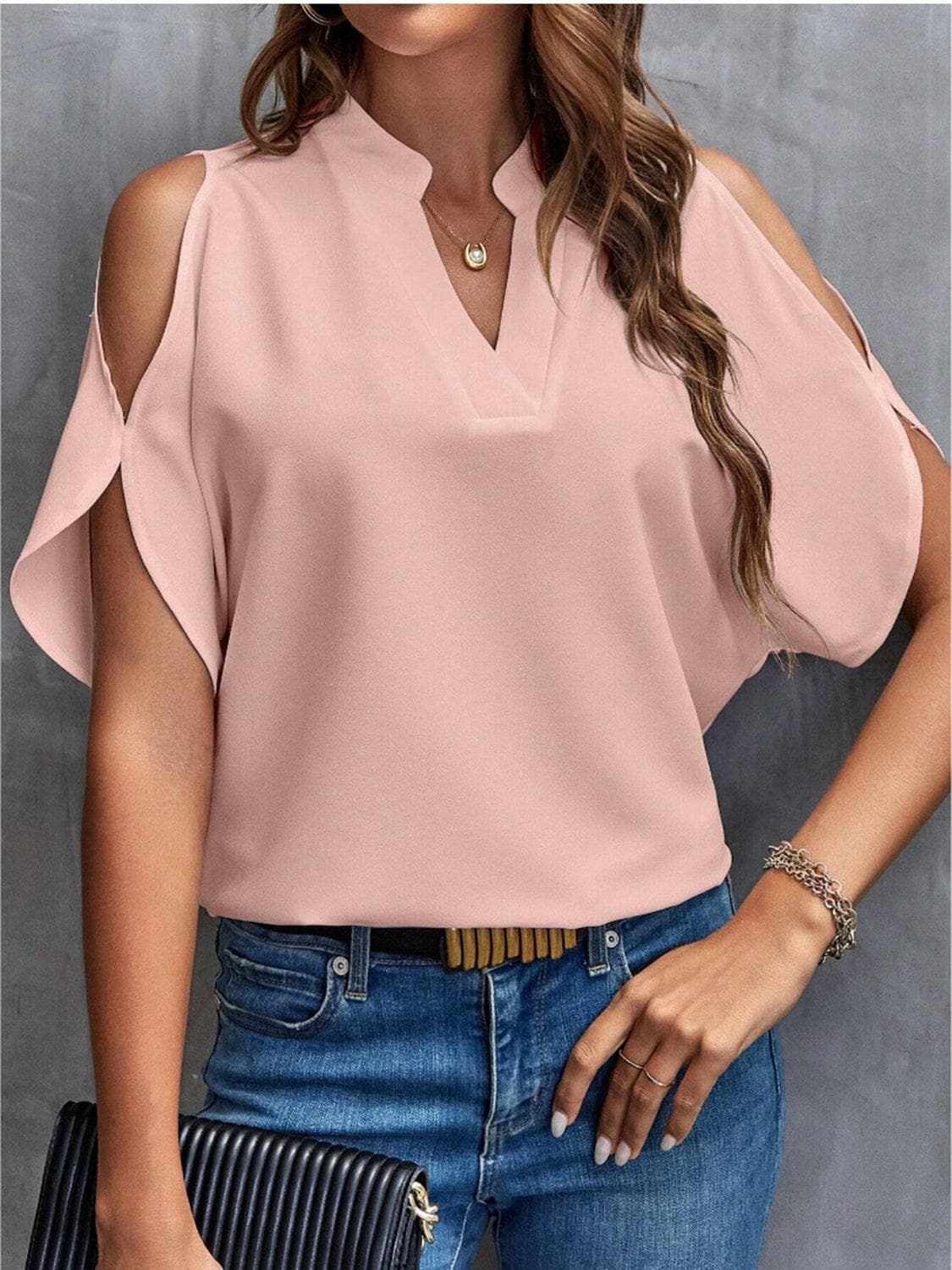 Chic notched cold shoulder blouse - Love Salve 