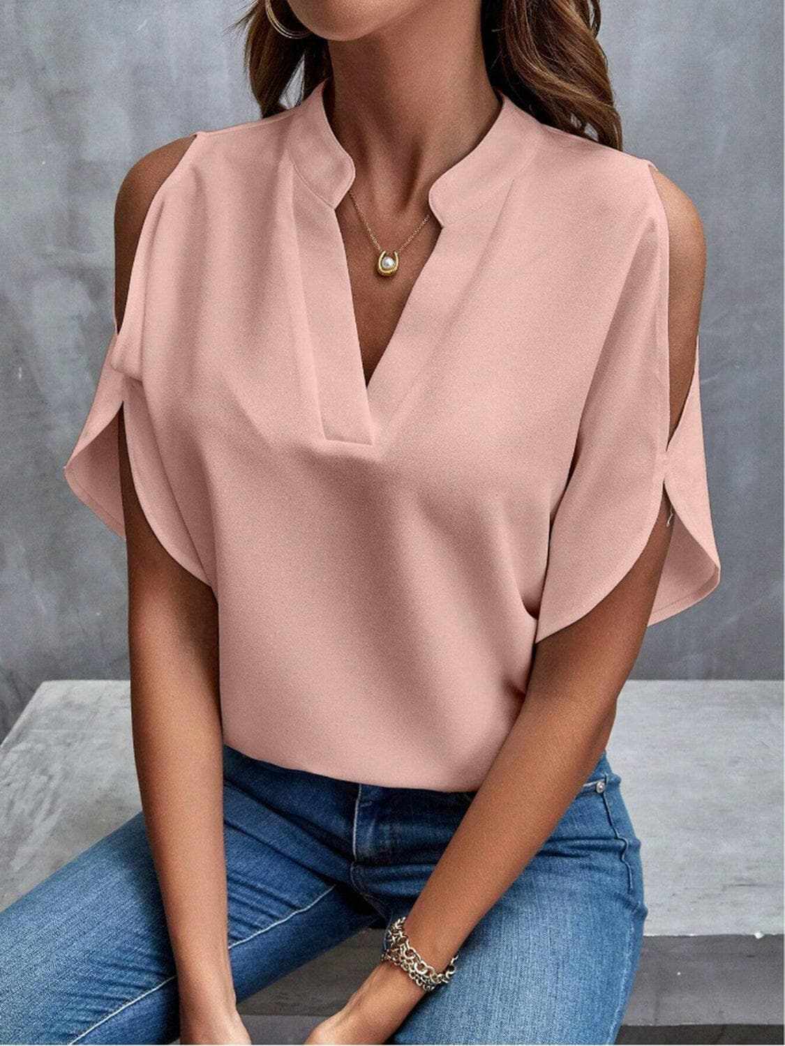 Chic notched cold shoulder blouse - Love Salve 