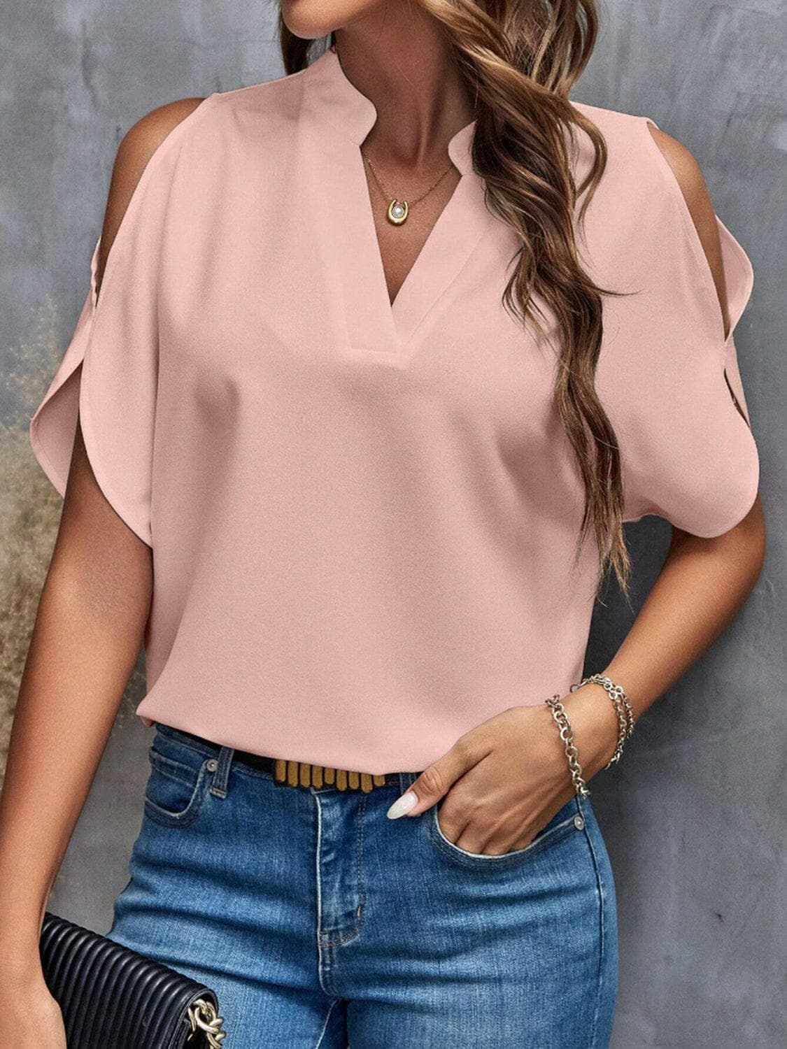 Chic notched cold shoulder blouse - Love Salve 