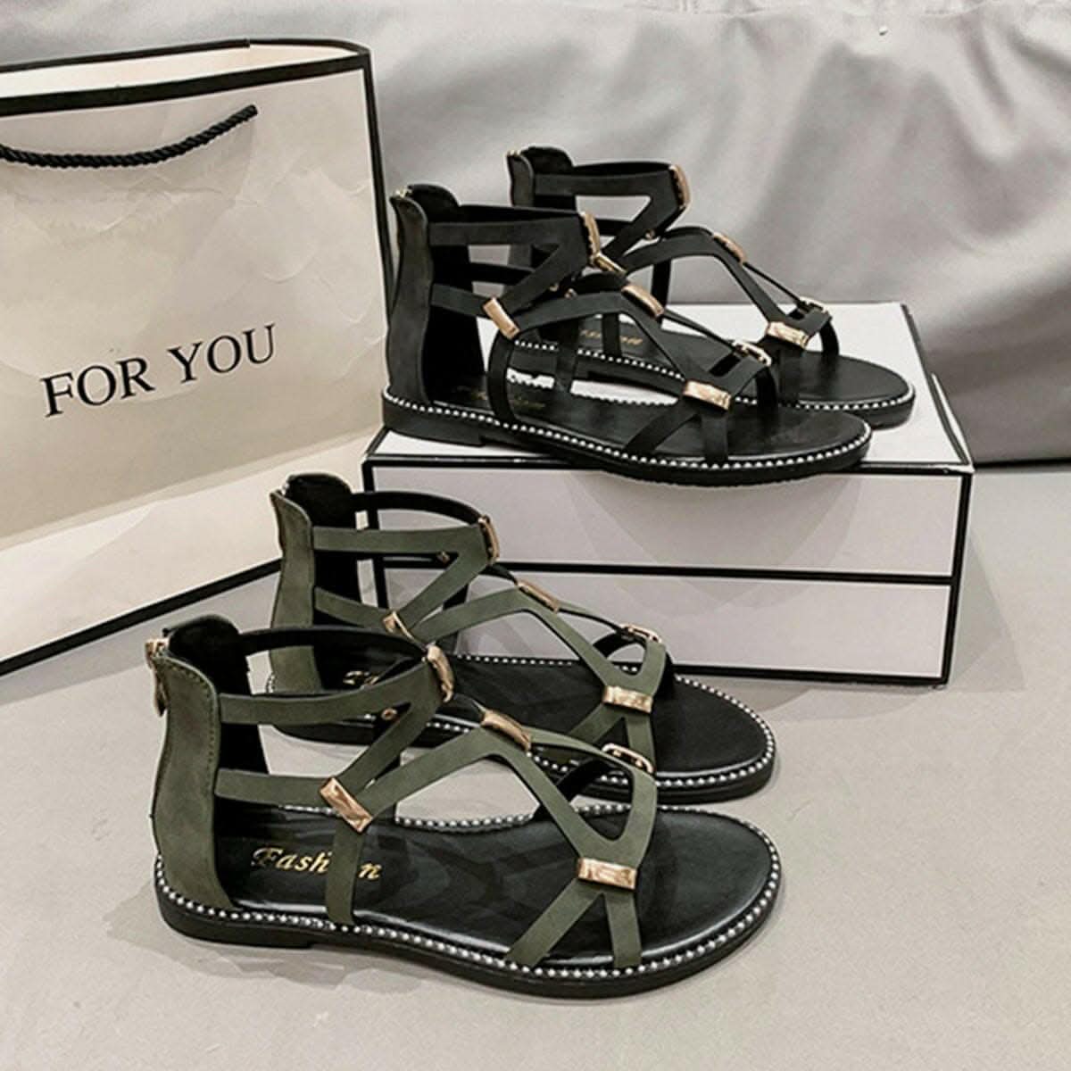 Chic open-toe flat sandals with zipper - Love Salve 