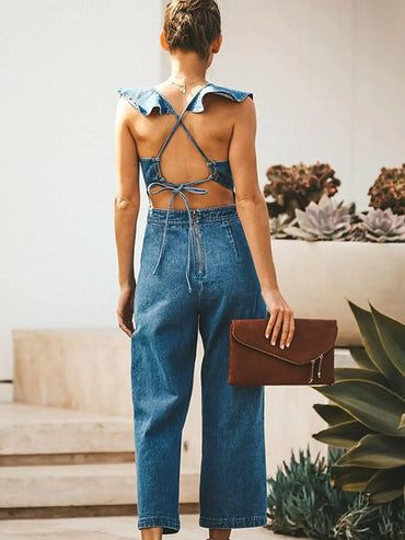 Chic open back denim jumpsuit - Love Salve 